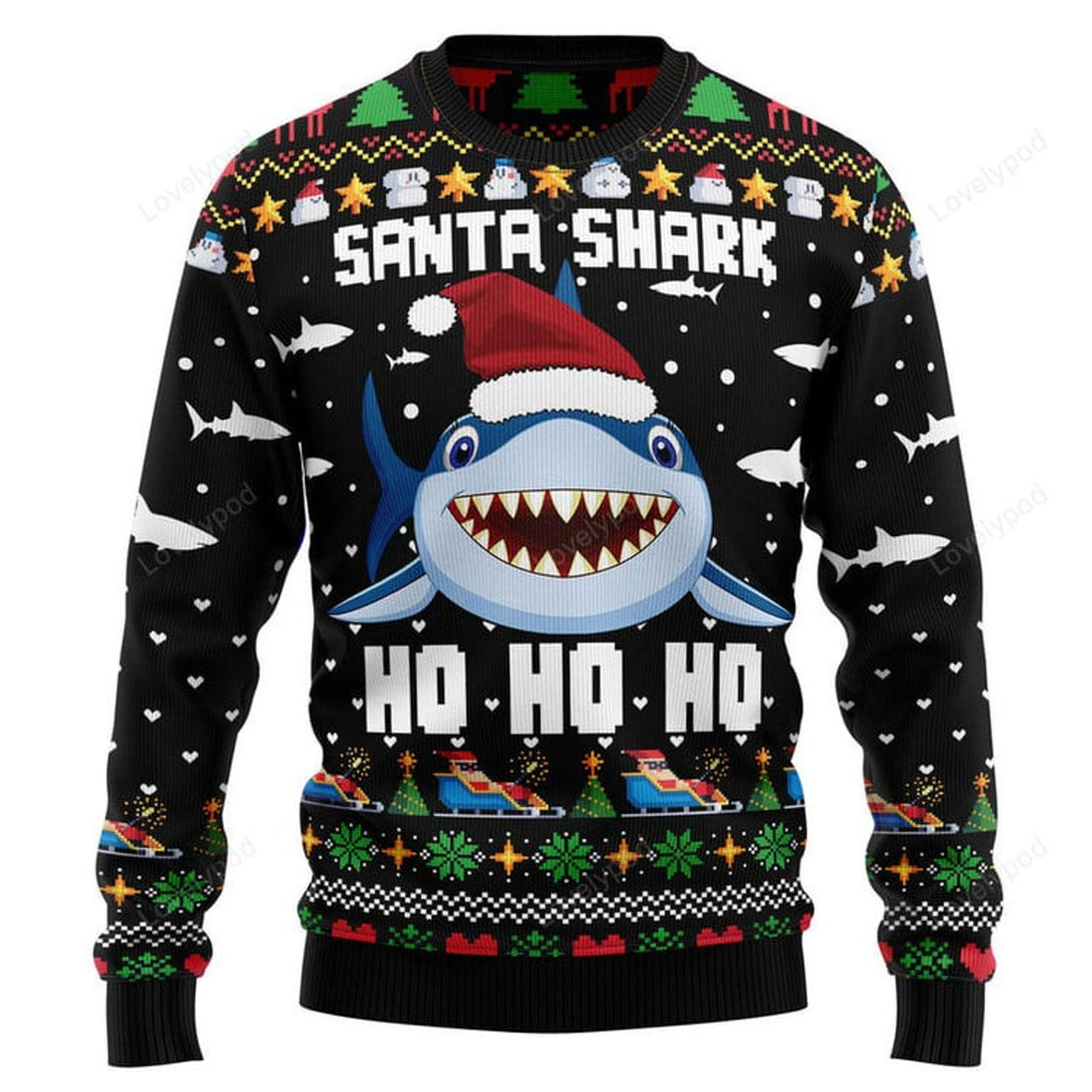 FUNSTUFFPRINT Santa Shark Ho Ho Ho Ugly Christmas Sweater Ugly Sweater