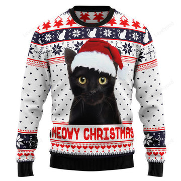 FUNSTUFFPRINT Meowy Christmas Ugly Christmas Sweater Ugly Sweater