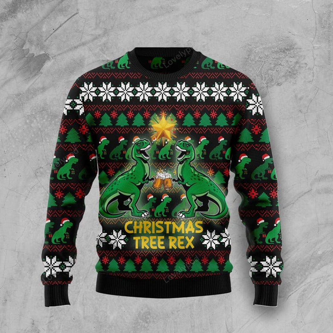 FUNSTUFFPRINT Christmas Tree Rex Ugly Christmas Sweater For Women & Men, Adult Ugly Sweater