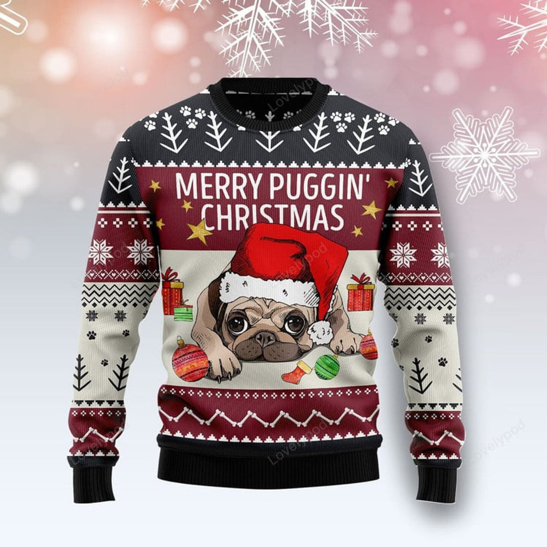 FUNSTUFFPRINT Merry Puggin Christmas Ugly Christmas Sweater For Women & Men, Adult Ugly Sweater