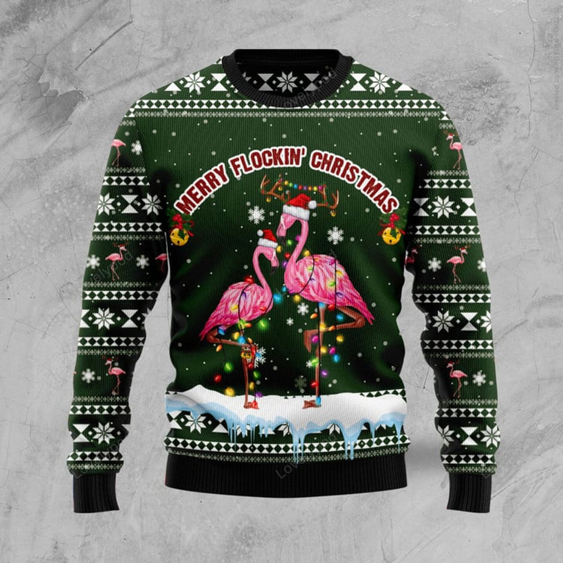 FUNSTUFFPRINT Flamingo Merry Flockin' Christmas Ugly Christmas Sweater Ugly Sweater