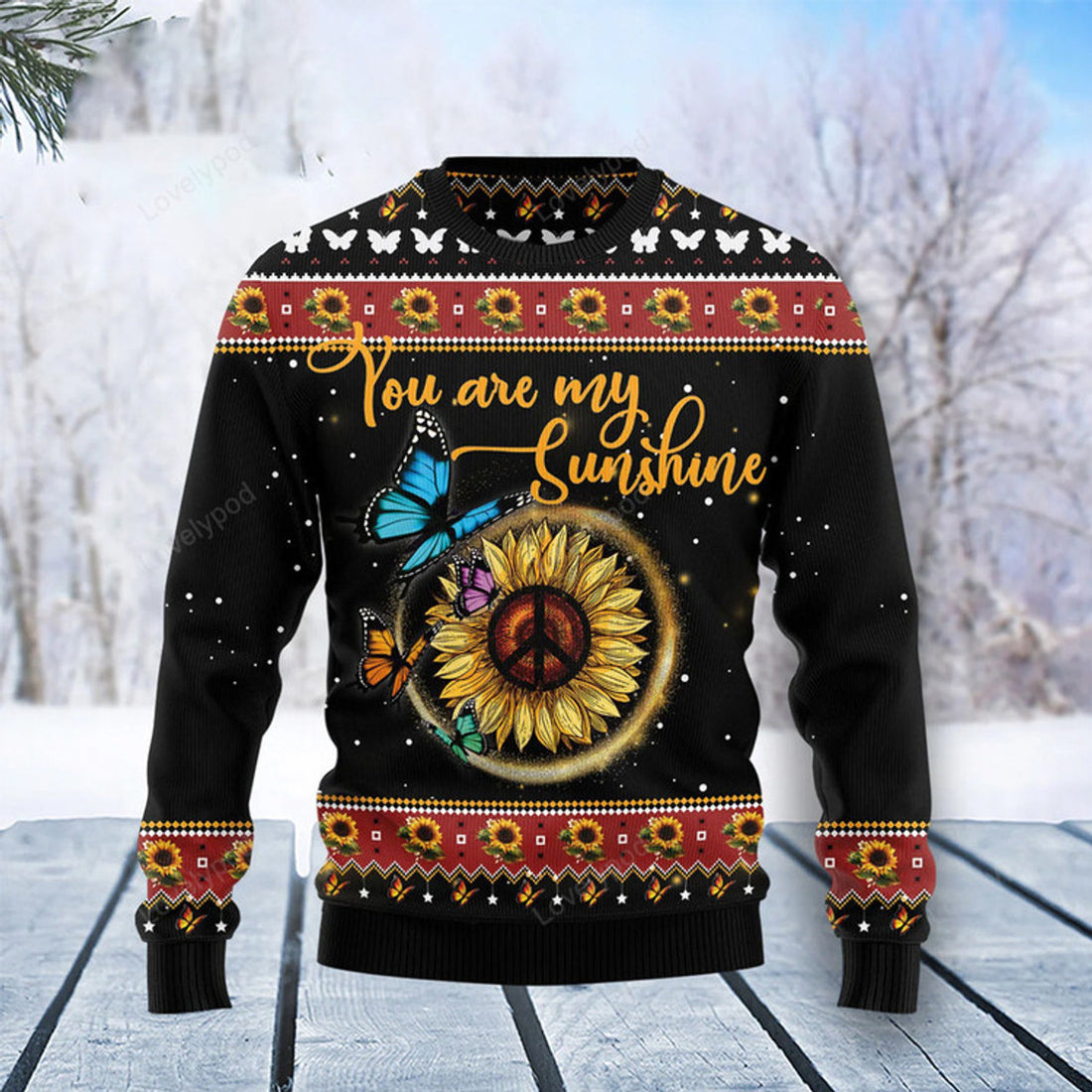 FUNSTUFFPRINT Butterfly you are my Sunshine Ugly Christmas Sweater for men and women Ugly Sweater