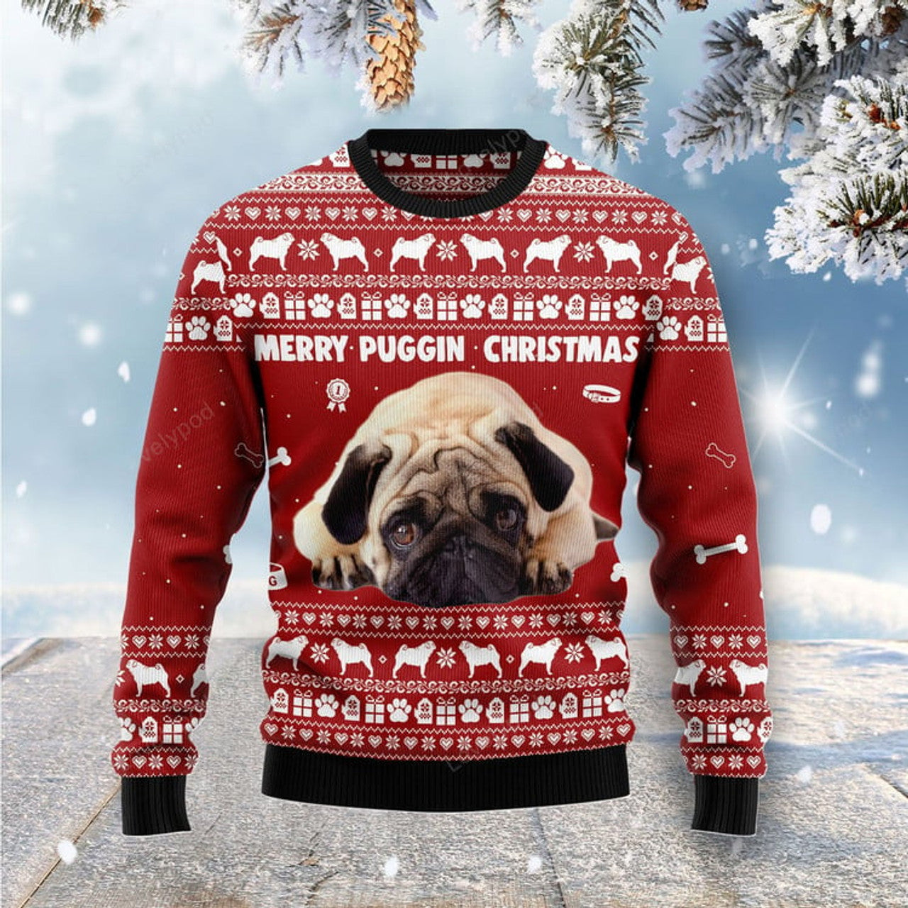 FUNSTUFFPRINT Merry Puggin Christmas Ugly Christmas Sweater for men and women Ugly Sweater