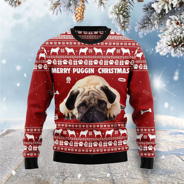FUNSTUFFPRINT Merry Puggin Christmas Ugly Christmas Sweater for men and women Ugly Sweater
