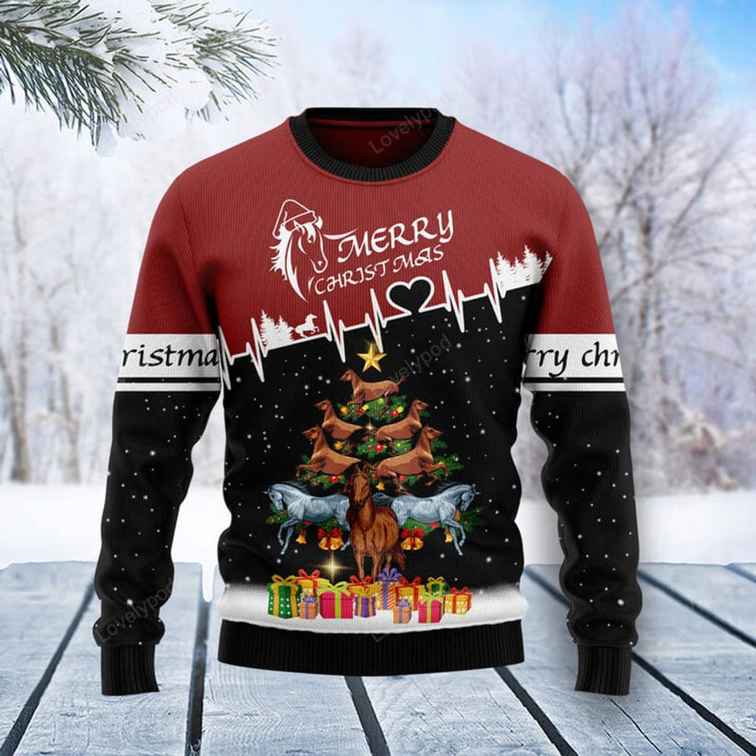 FUNSTUFFPRINT Horse Christmas Tree Ugly Christmas Sweater for men and women Ugly Sweater