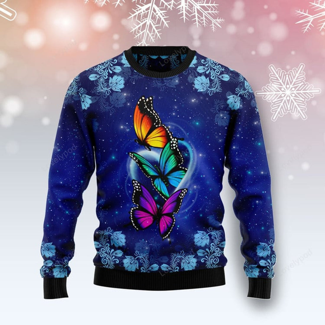 FUNSTUFFPRINT Butterfly Galaxy Ugly Christmas Sweater For Men & Women Ugly Sweater