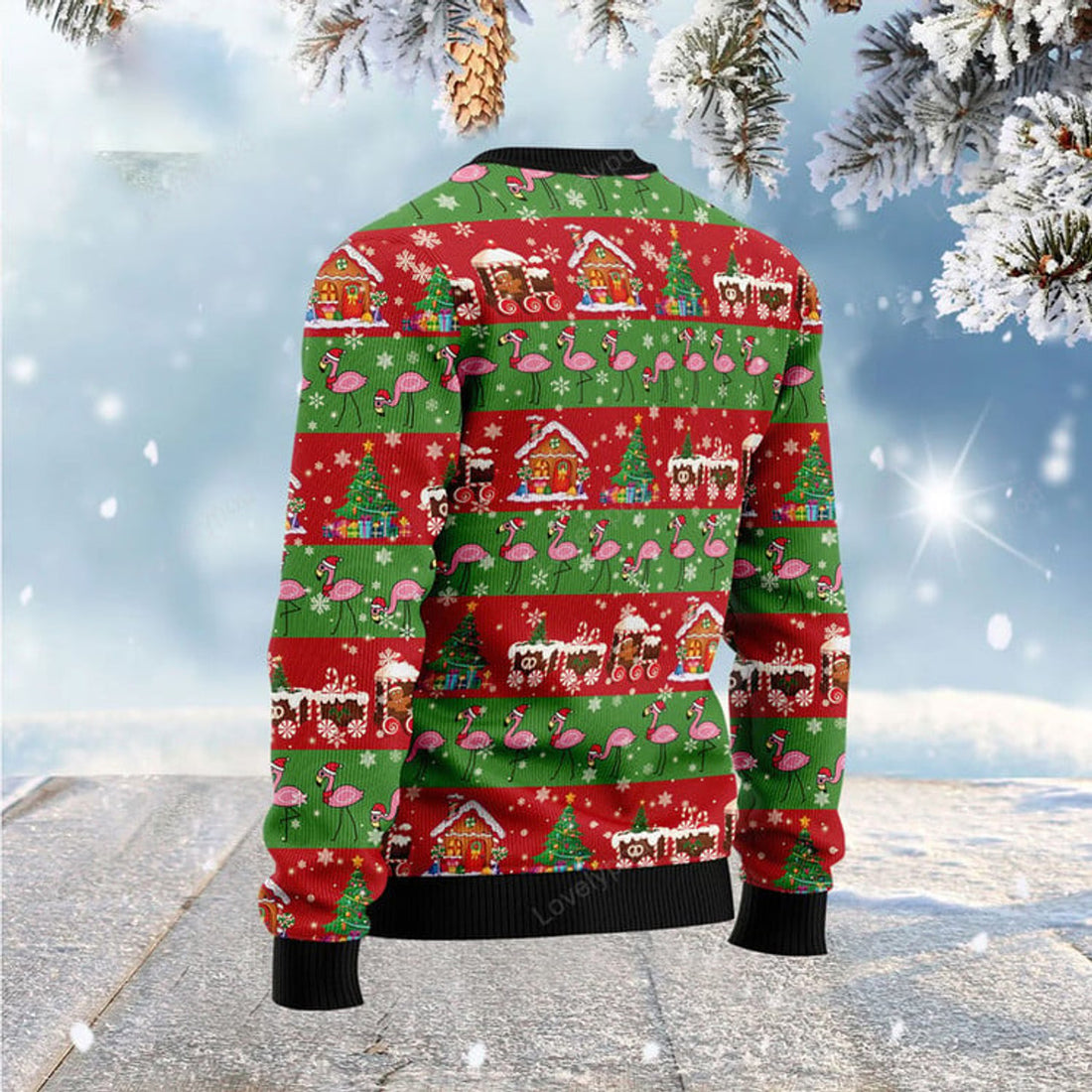 FUNSTUFFPRINT Flamingo Snow Ugly Christmas Sweater For Men & Women Ugly Sweater