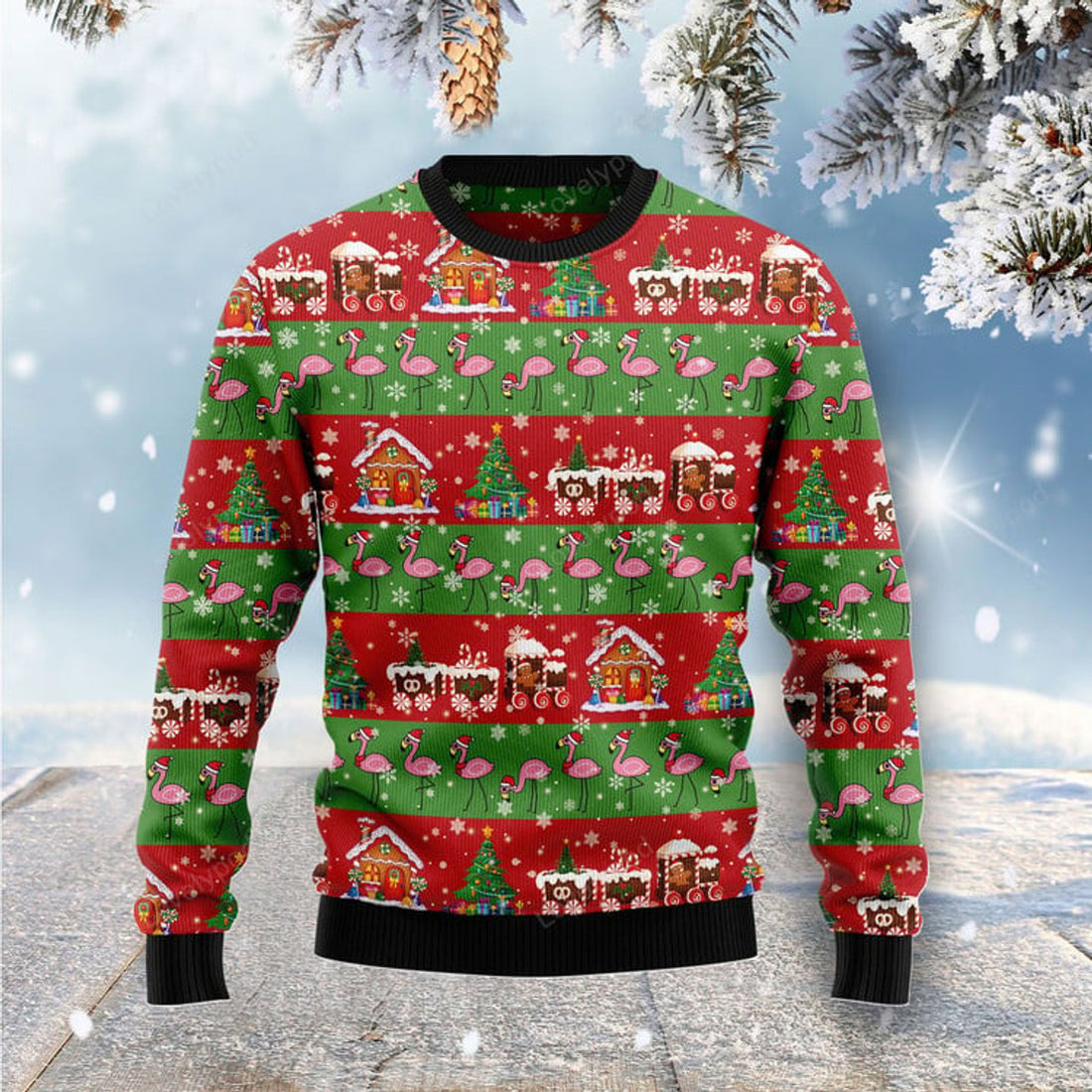 FUNSTUFFPRINT Flamingo Snow Ugly Christmas Sweater For Men & Women Ugly Sweater