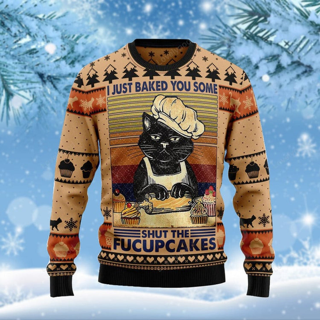FUNSTUFFPRINT Funny Cat Bakes Cake Ugly Christmas Sweater For Men & Women Adult - Christmas Gifts Ugly Sweater