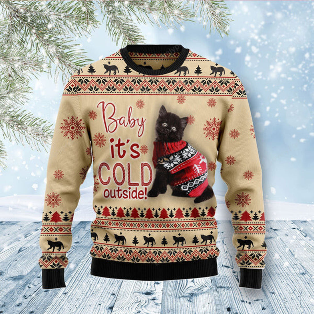 FUNSTUFFPRINT Cute Kitten It's Cold Outside Ugly Christmas Sweater For Women & Men - Adult - Couples - Gift for Cat Lovers Ugly Sweater