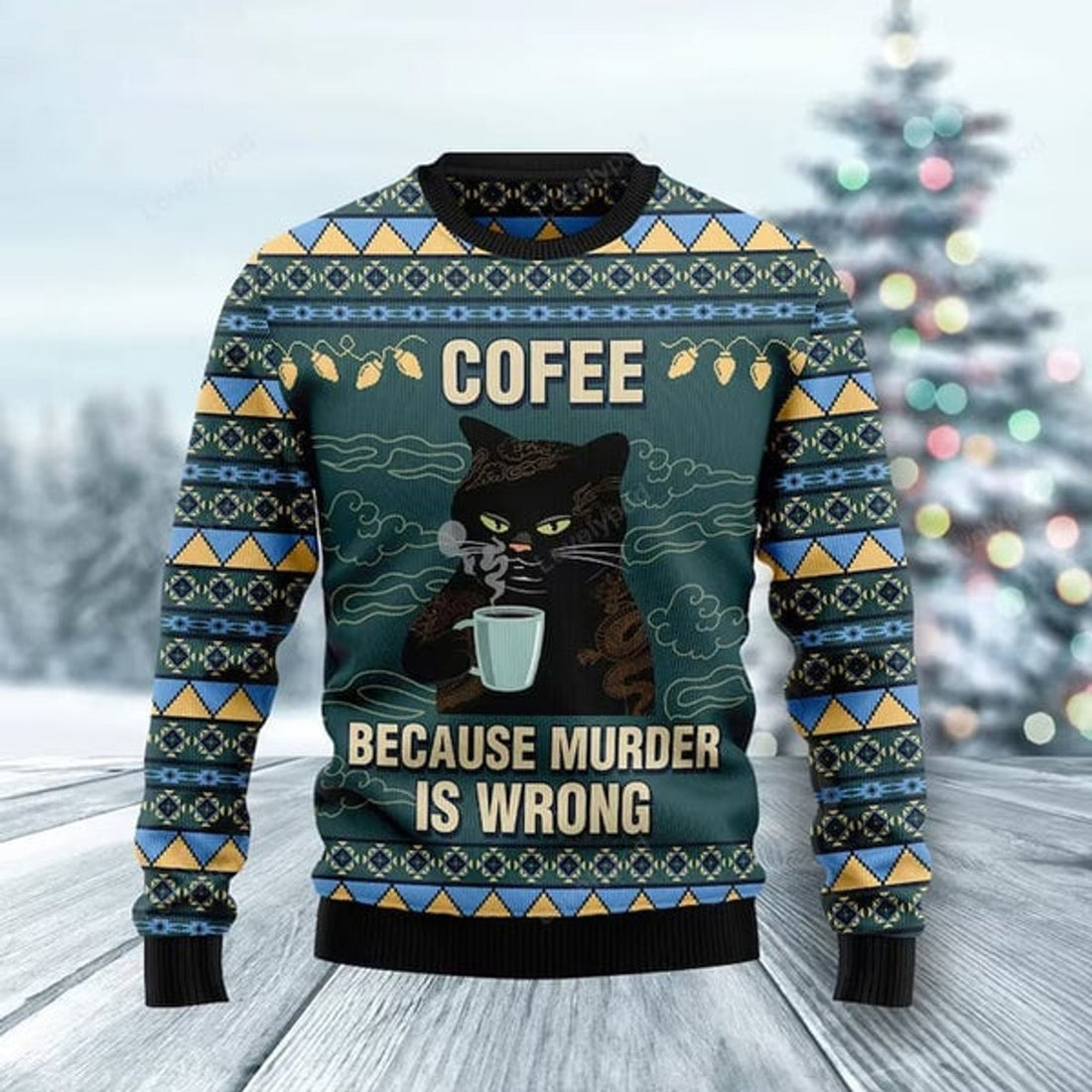 FUNSTUFFPRINT Funny Black Cat Coffee Because Murder Is Wrong Ugly Christmas Sweater For Women & Men - Adult - Couples - Gift for Cat Lovers Ugly Sweater