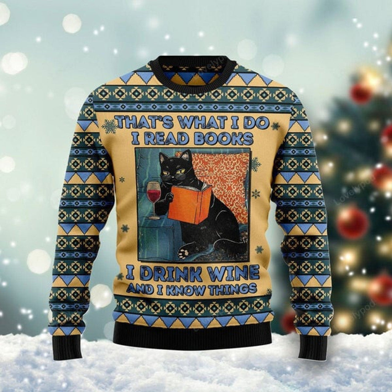 FUNSTUFFPRINT Black Cat Read Books Drink Wine Know Things Ugly Christmas Sweater For Women & Men, Gift for Cat Lovers Ugly Sweater