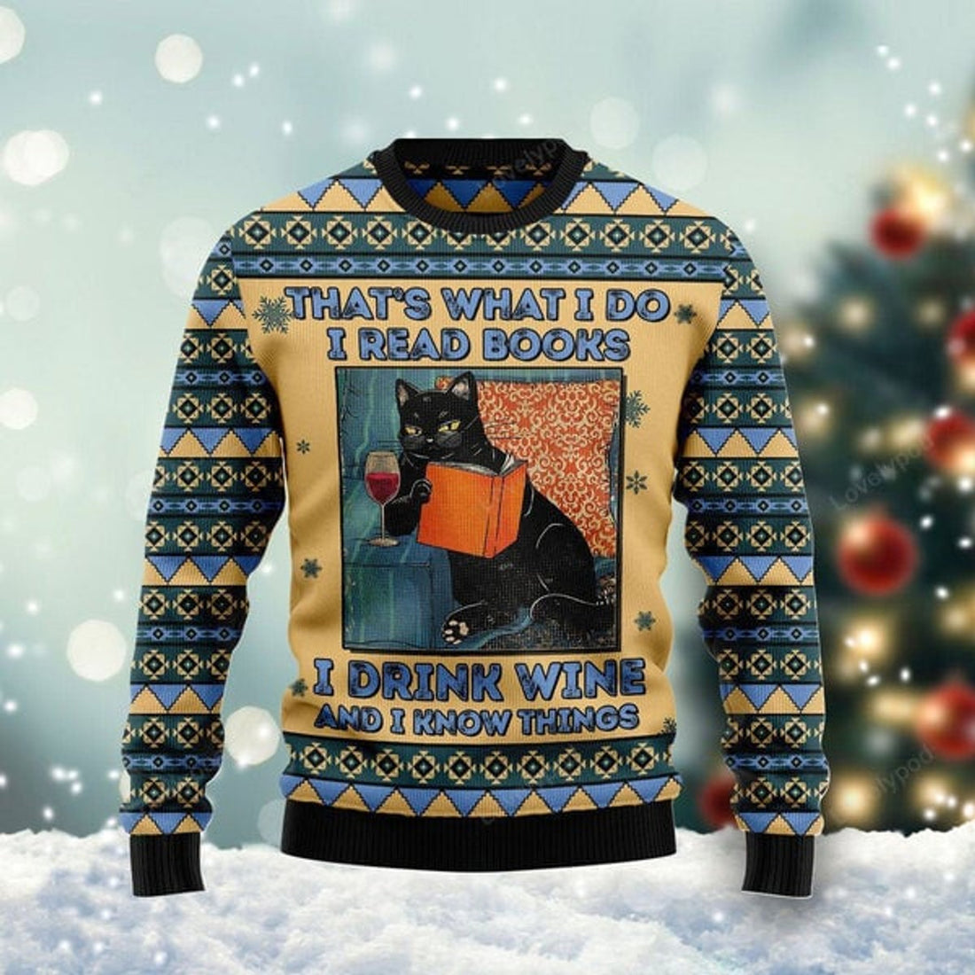 FUNSTUFFPRINT Black Cat Read Books Drink Wine Know Things Ugly Christmas Sweater For Women & Men, Gift for Cat Lovers Ugly Sweater