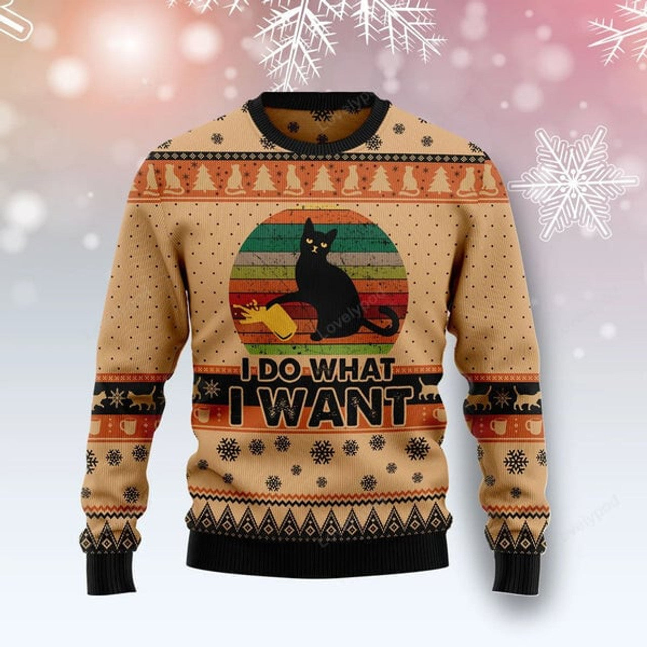 FUNSTUFFPRINT I Do What A Want Black Cat Funny Ugly Christmas Sweater For Women & Men, Gift for Cat Lovers Ugly Sweater