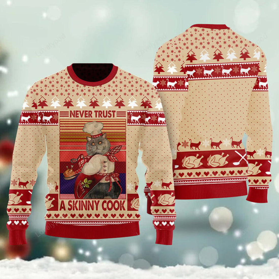 FUNSTUFFPRINT Never Trust A Skinny Cook Funny Cat Ugly Christmas Sweater For Men & Women Adult, Christmas Gifts Ugly Sweater