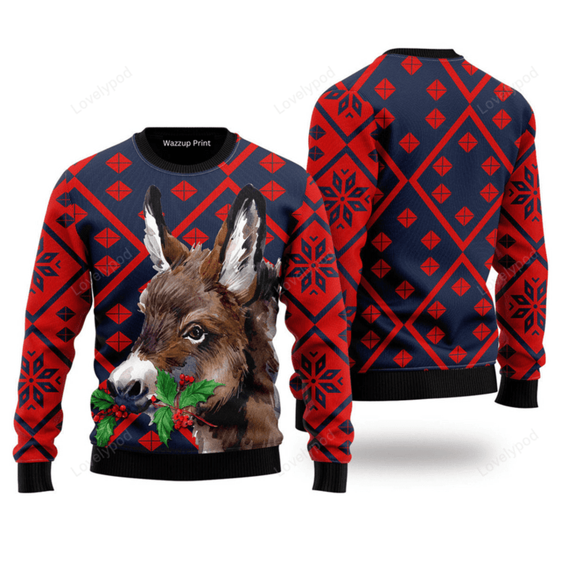 FUNSTUFFPRINT Donkey Cute Funny Ugly Christmas Sweater For Men & Women Adult, Christmas Gifts Ugly Sweater