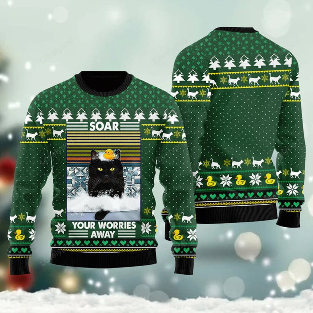 FUNSTUFFPRINT Funny Black Cat Soar Your Worries Away Ugly Christmas Sweater For Men & Women Adult Ugly Sweater