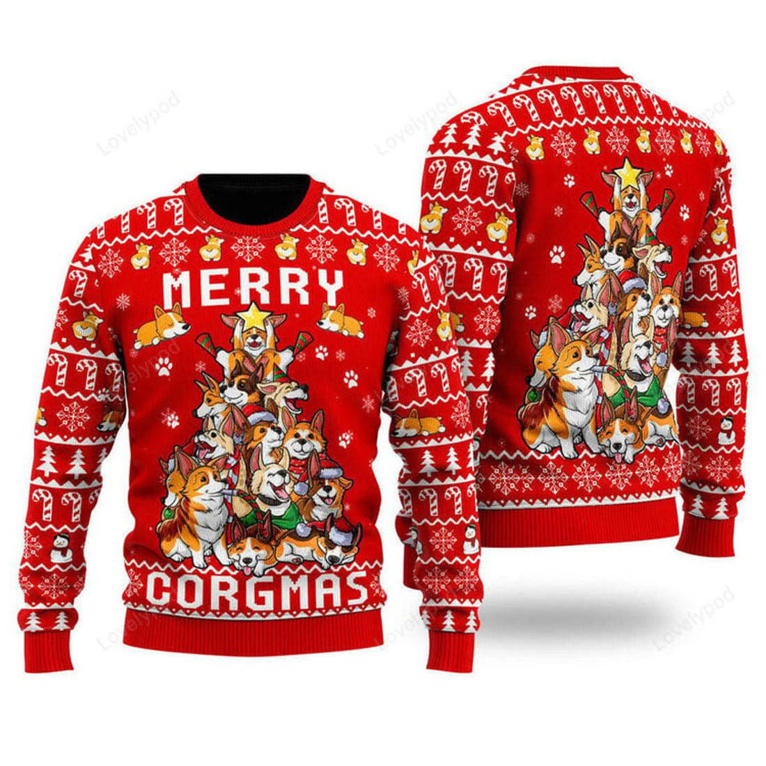 FUNSTUFFPRINT Corgi Lover Merry Xmas Funny Ugly Christmas Sweater For Men & Women Adult Ugly Sweater