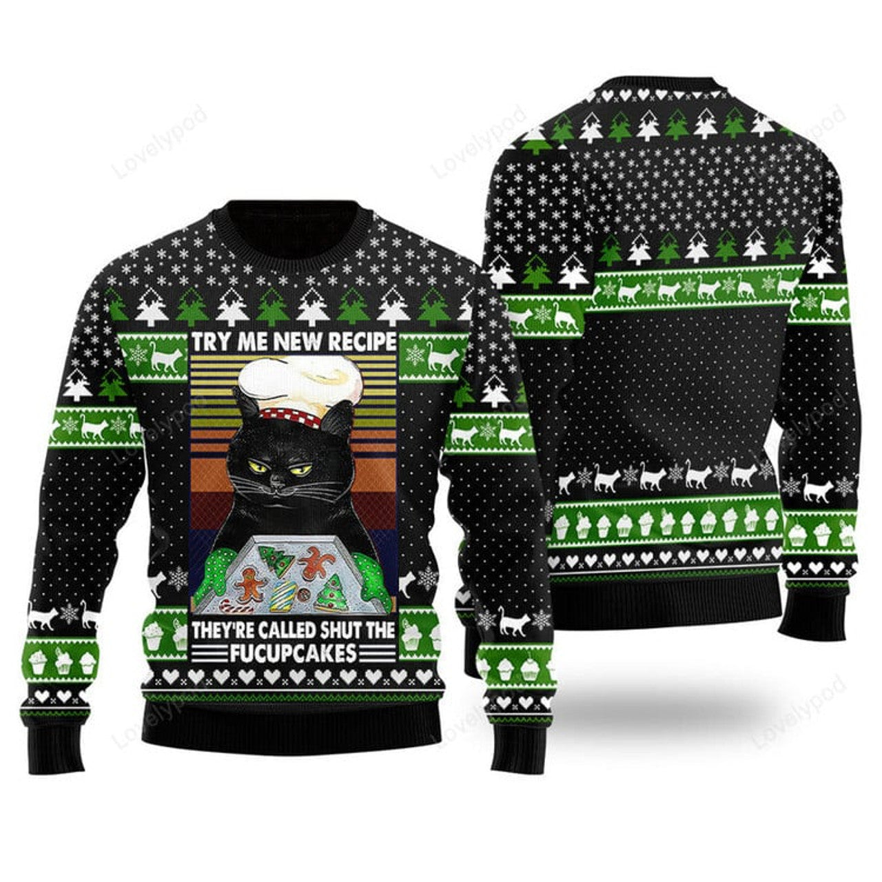 FUNSTUFFPRINT Cat Bakes Fucupcakes Funny Ugly Christmas Sweater Gift For Men & Women Adult Ugly Sweater