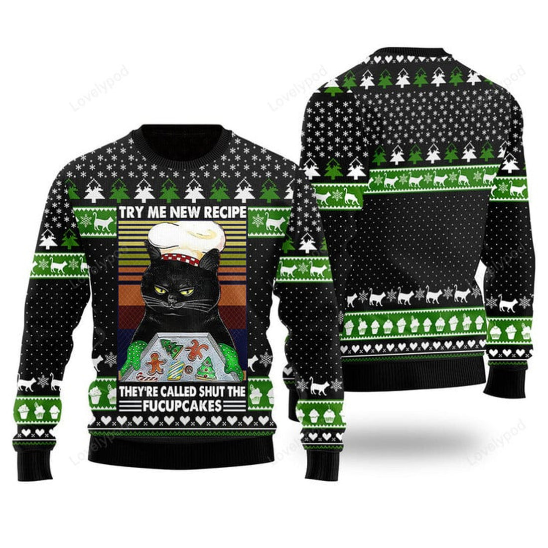 FUNSTUFFPRINT Cat Bakes Fucupcakes Funny Ugly Christmas Sweater Gift For Men & Women Adult Ugly Sweater