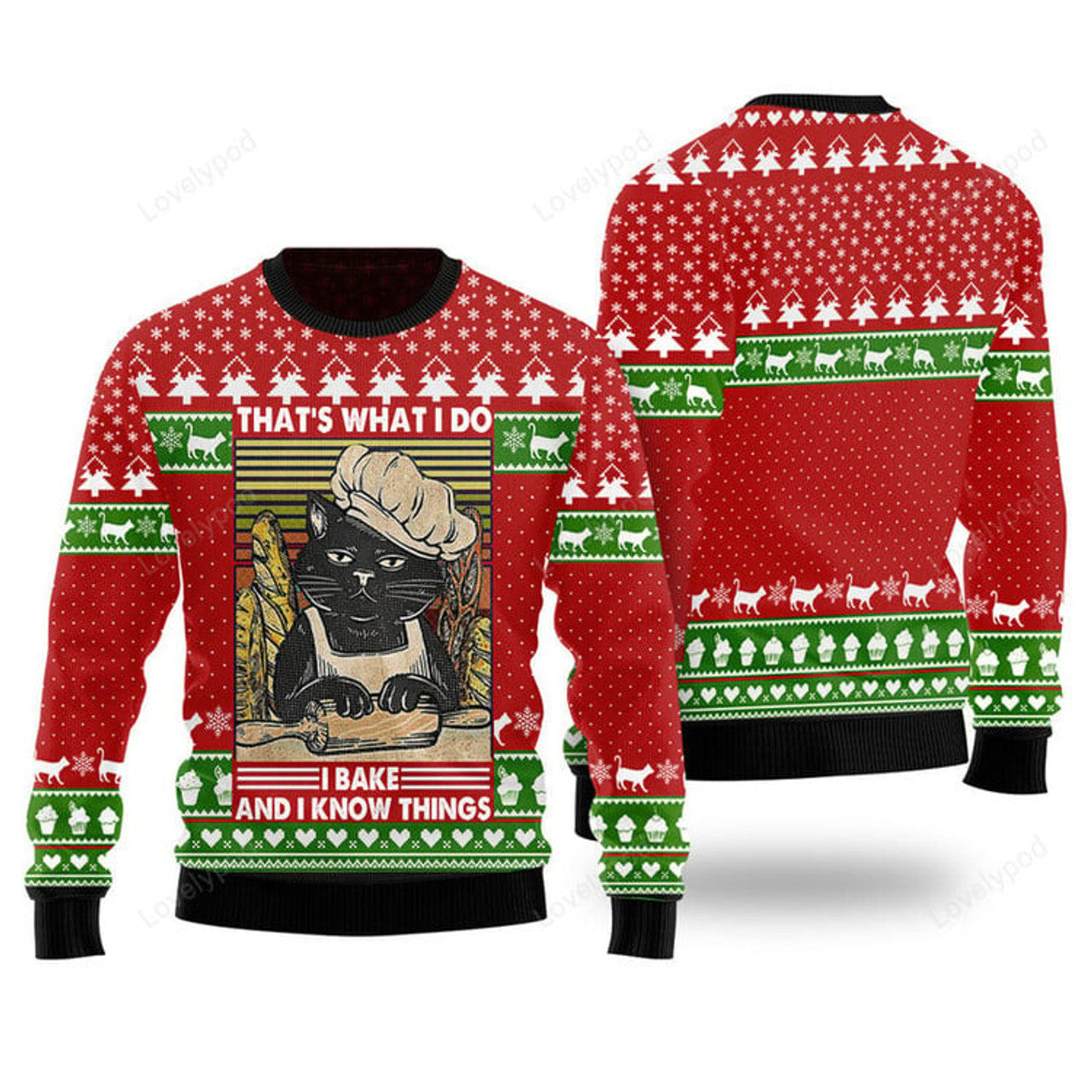 FUNSTUFFPRINT Cat Bakes Know Things Funny Ugly Christmas Sweater Gift For Men & Women Adult Ugly Sweater