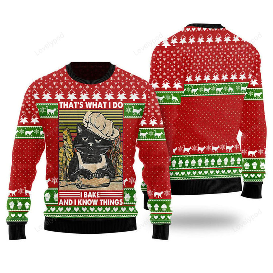 FUNSTUFFPRINT Cat Bakes Know Things Funny Ugly Christmas Sweater Gift For Men & Women Adult Ugly Sweater