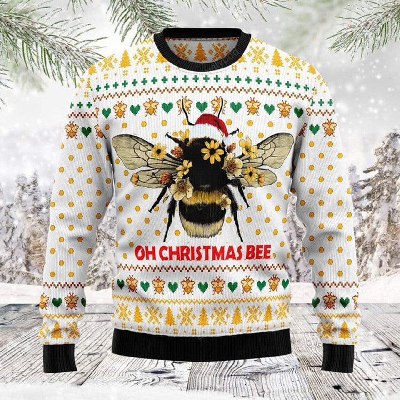 FUNSTUFFPRINT Bee Merry Christmas Ugly Christmas Sweater Gift For Men & Women Adult Ugly Sweater