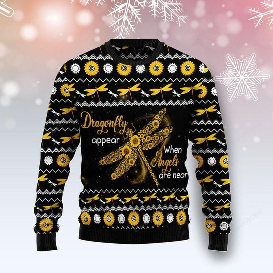 FUNSTUFFPRINT Dragonfly Sunflower Ugly Christmas Sweater Gift For Men & Women Adult Ugly Sweater