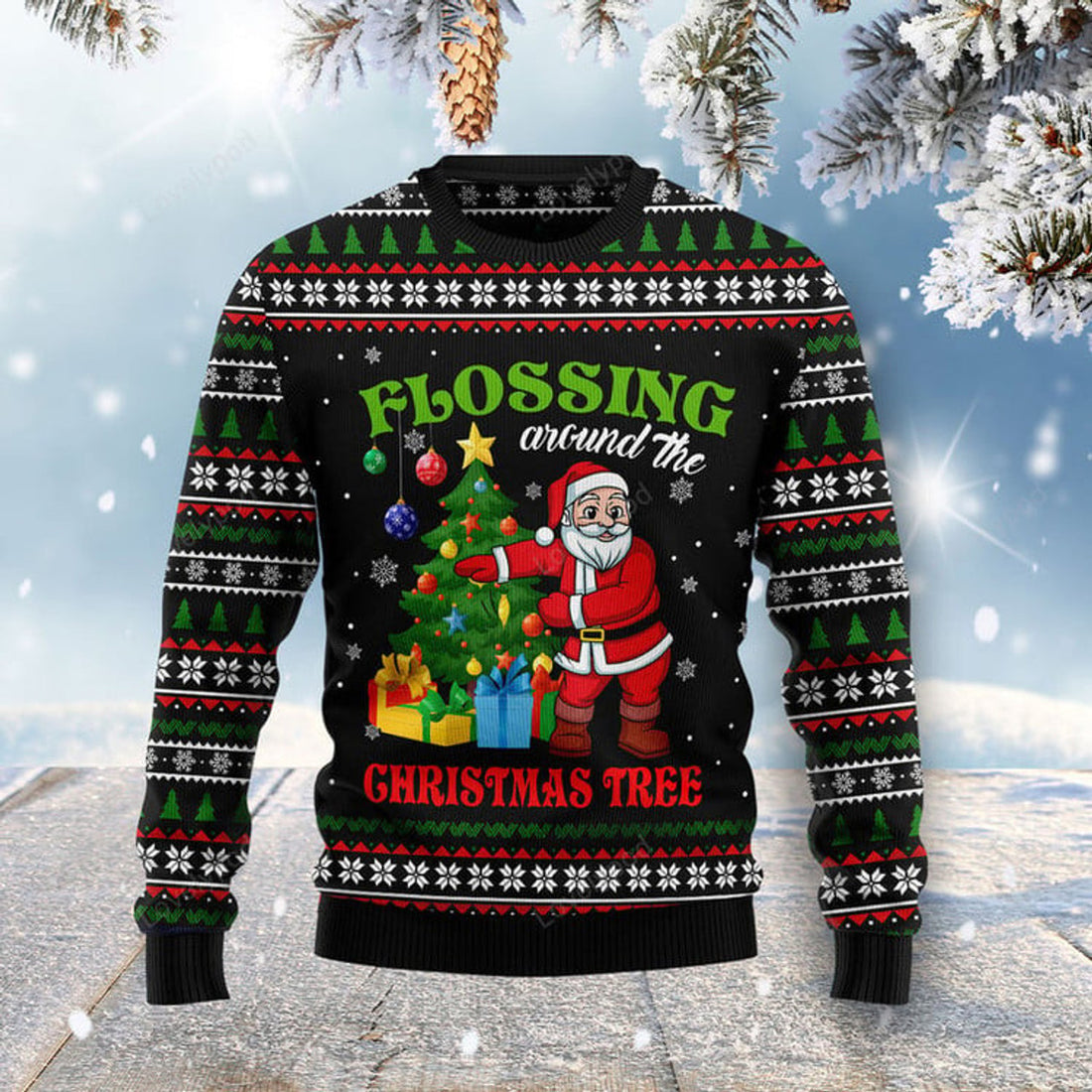 FUNSTUFFPRINT Flossing Around The Christmas Tree Ugly Christmas Sweater Ugly Sweater