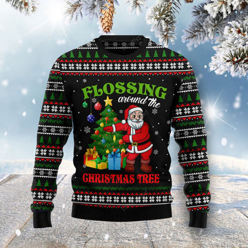 FUNSTUFFPRINT Flossing Around The Christmas Tree Ugly Christmas Sweater Ugly Sweater