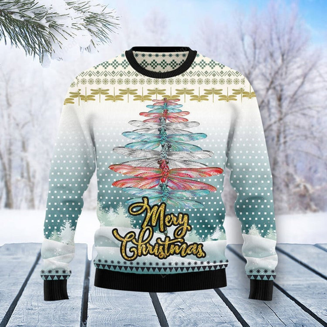 FUNSTUFFPRINT Dragonfly Color Christmas Tree Ugly Christmas Sweater for men and women Ugly Sweater