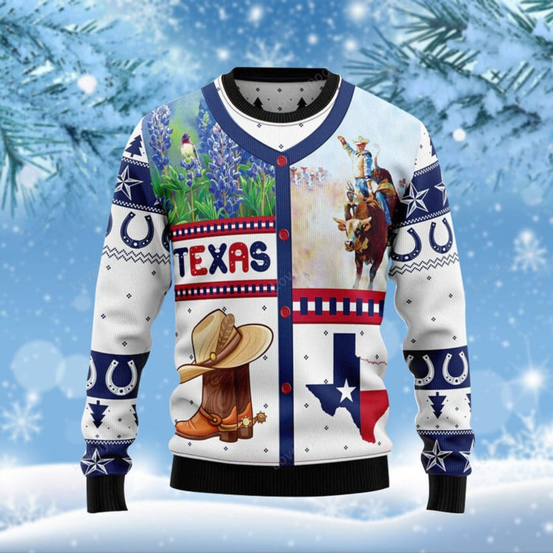 FUNSTUFFPRINT Rodeo Texas Funny Ugly Christmas Sweater For Men & Women Adult Ugly Sweater