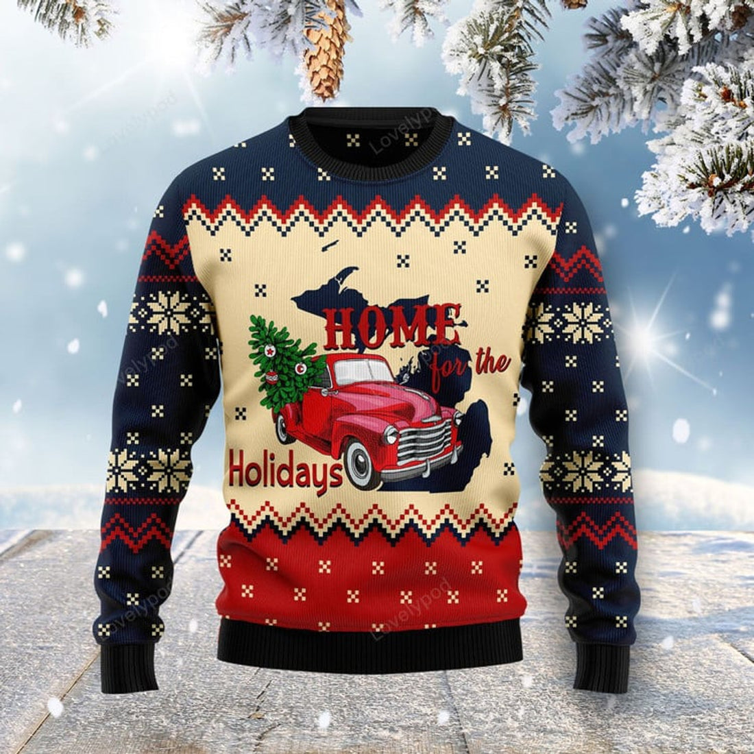 FUNSTUFFPRINT Home For The Holidays Michigan Ugly Christmas Sweater For Men & Women Ugly Sweater
