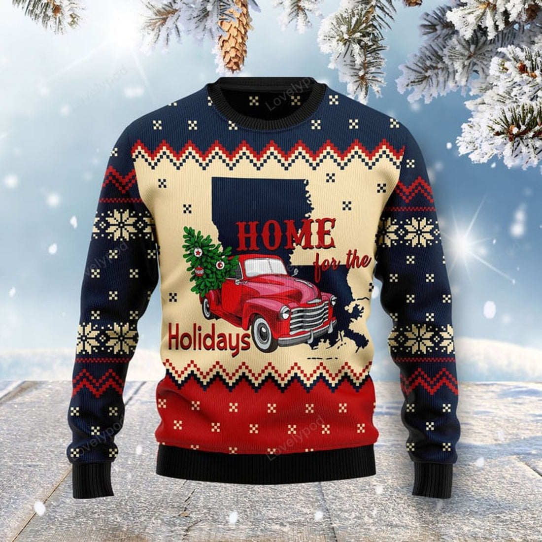 FUNSTUFFPRINT Home For The Holidays Louisiana Ugly Christmas Sweater For Men & Women Ugly Sweater