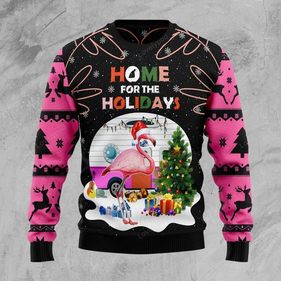 FUNSTUFFPRINT Home For The Holidays Flamingo Ugly Christmas Sweater For Men & Women Ugly Sweater