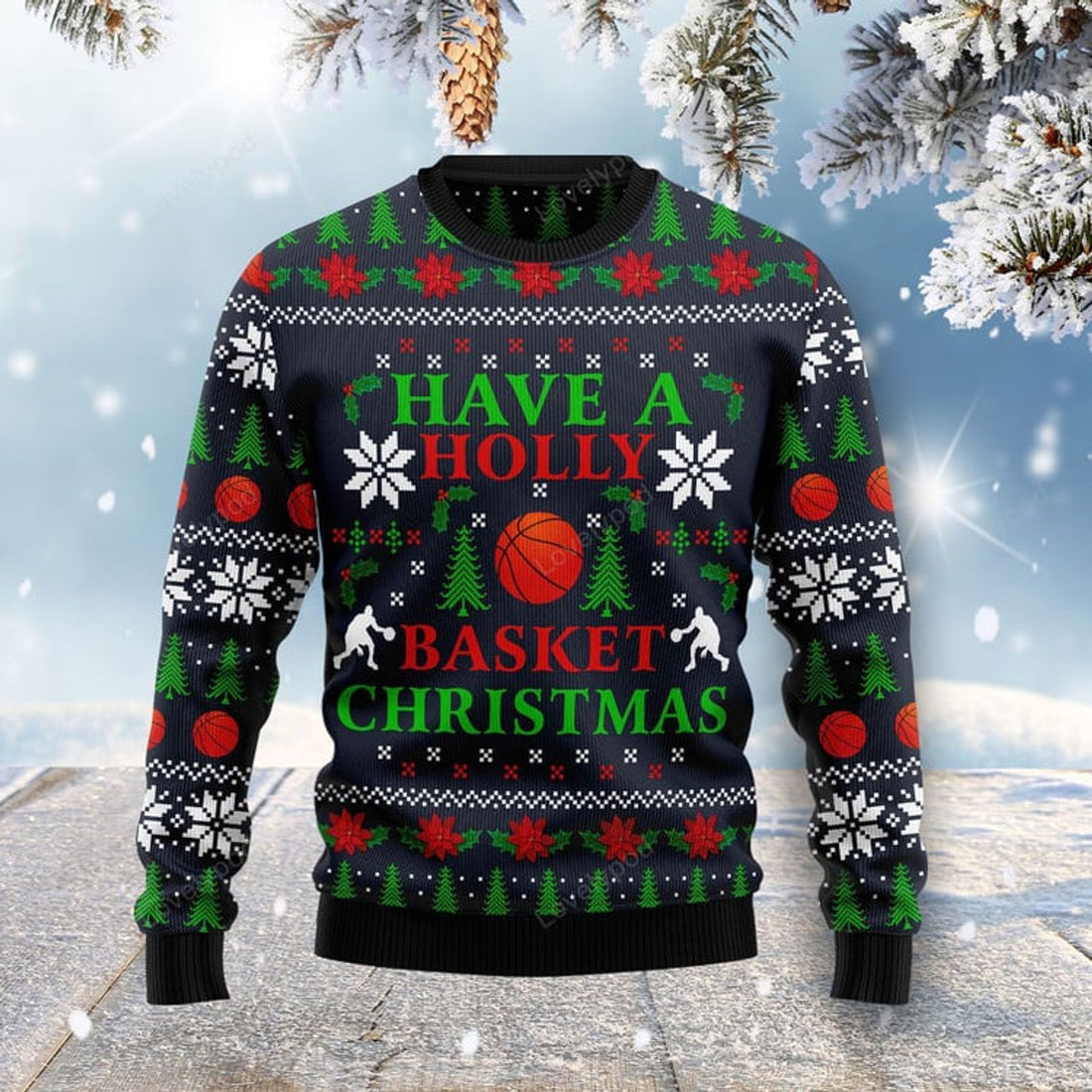 FUNSTUFFPRINT Holly Basket Basketball Christmas Ugly Christmas Sweater For Men & Women Ugly Sweater