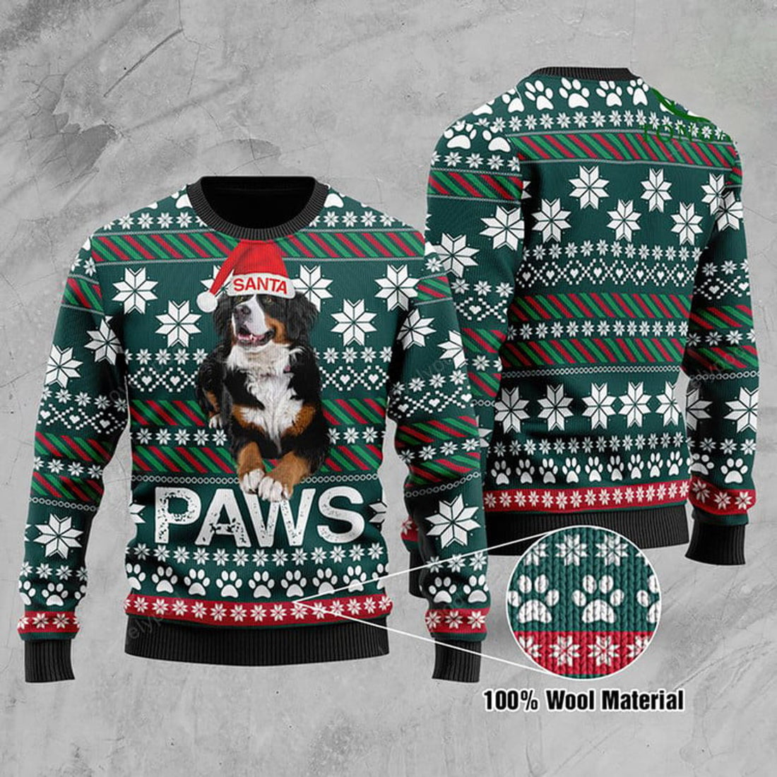 FUNSTUFFPRINT 3D Bernese Mountain Dog Santa Printed Christmas Ugly Sweater Ugly Sweater