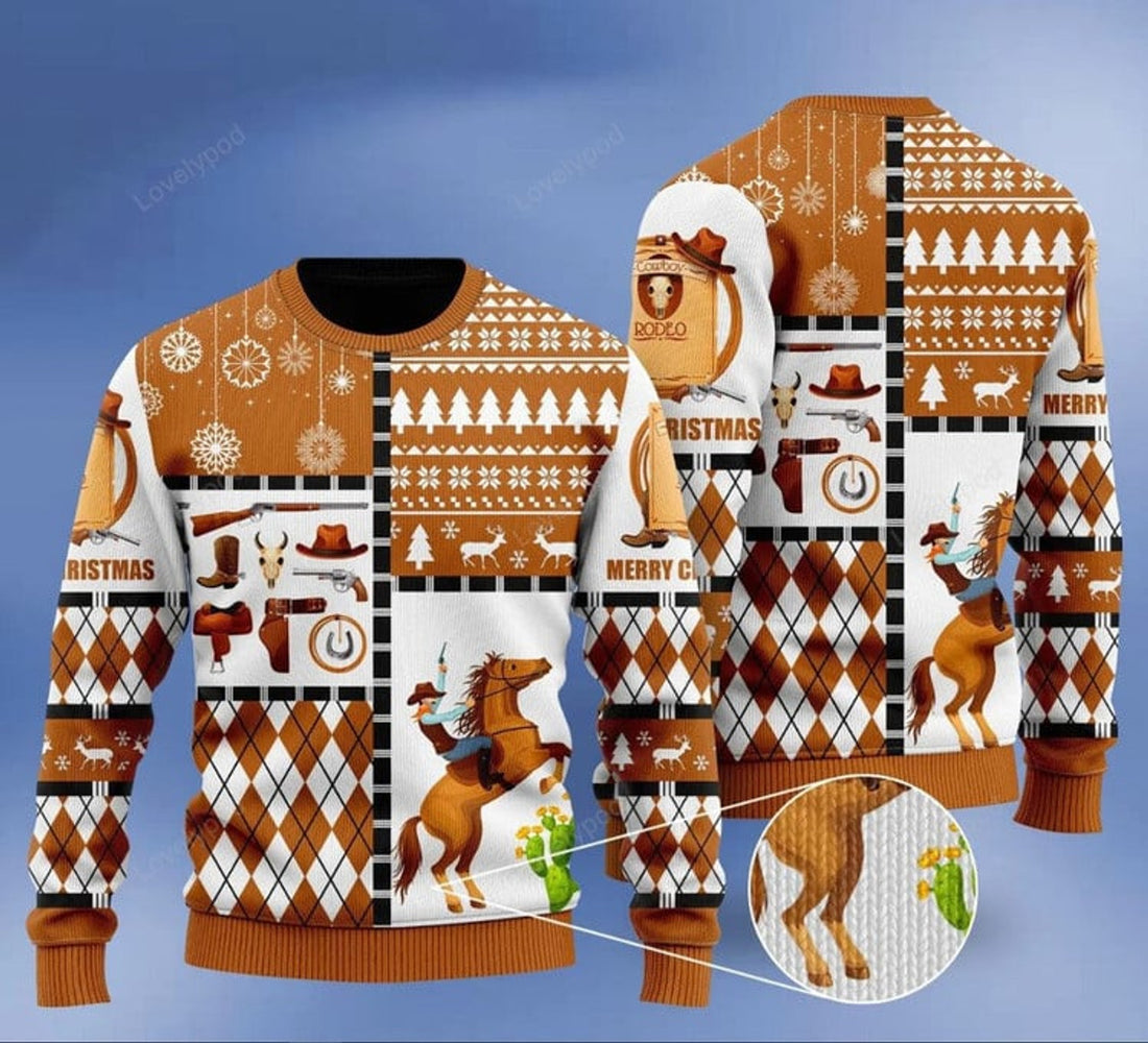 FUNSTUFFPRINT Horse Cowboy Merry Christmas Ugly Christmas Sweater for men and women Ugly Sweater