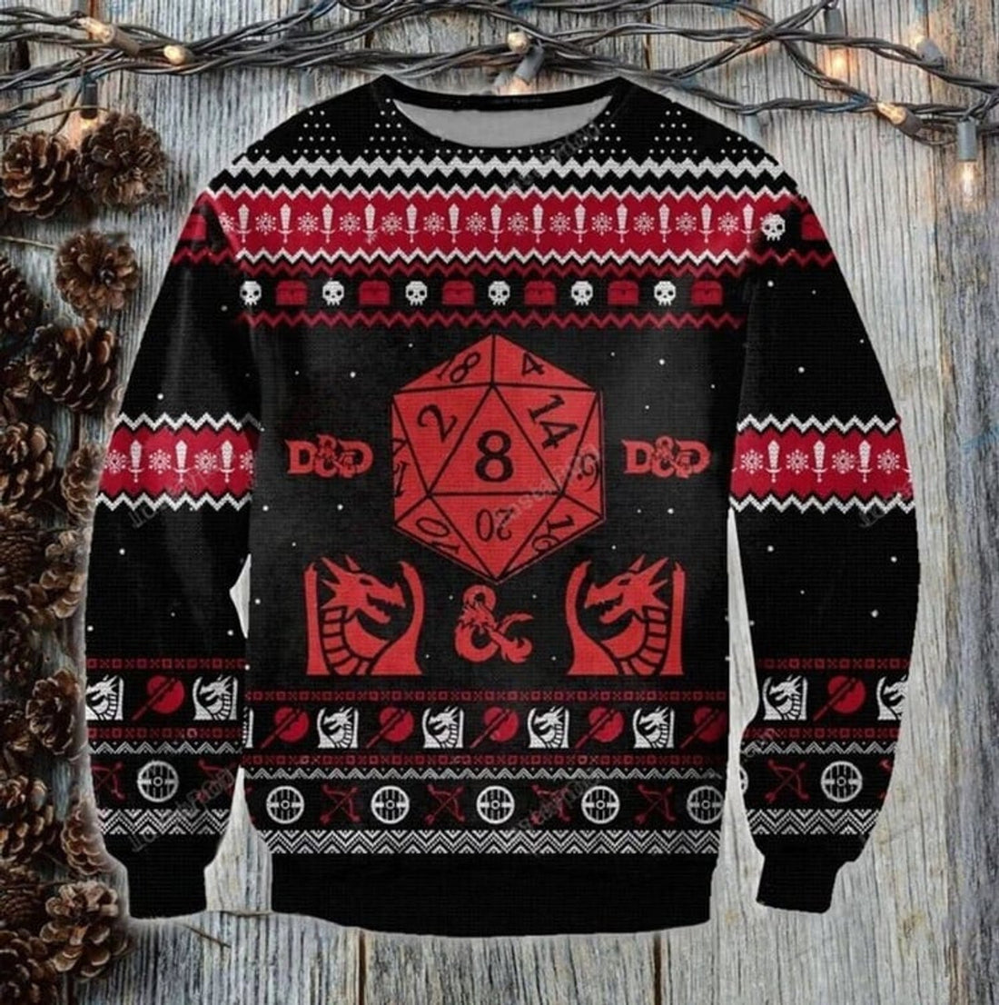 FUNSTUFFPRINT D20 Dungeons & Dragons Ugly Knitted Christmas Sweatshirt, Xmas Sweater Ugly Sweater