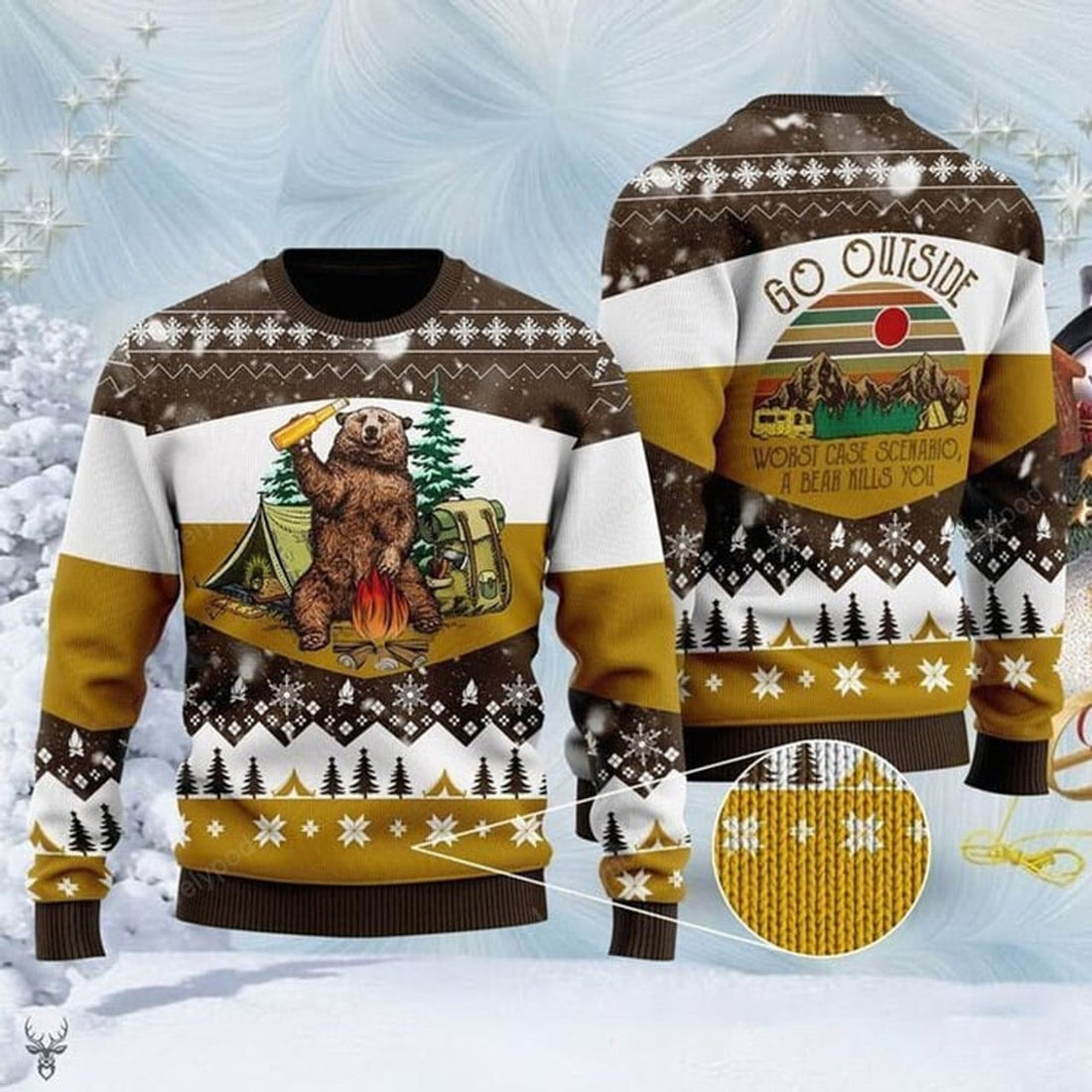 FUNSTUFFPRINT Bear Beer Campfire Yellow Wool 3D Sweater for men and women Ugly Sweater