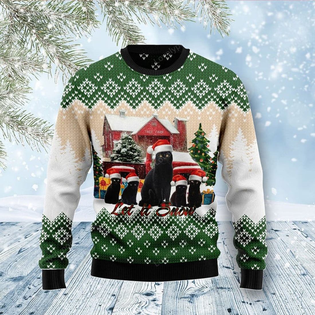 FUNSTUFFPRINT Black Cat Let It Snow 3D Ugly Meowy Christmas 3D Sweater for men and women Ugly Sweater
