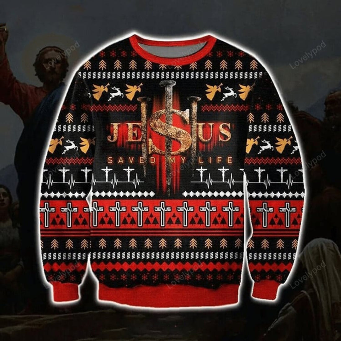 FUNSTUFFPRINT Jesus Saved My Life Ugly Christmas Sweater for men and women Ugly Sweater