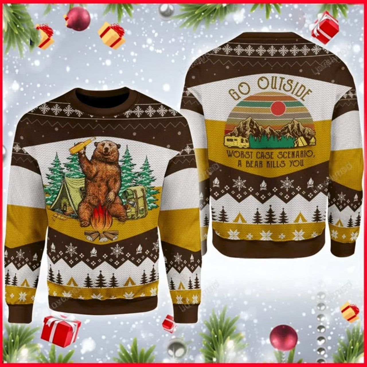 FUNSTUFFPRINT Go Outside A Bear Kills You Ugly Sweater Christmas, Christmas 3D Sweater, Gift For Xmas Ugly Sweater