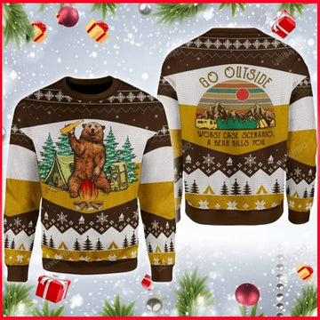 FUNSTUFFPRINT Go Outside A Bear Kills You Ugly Sweater Christmas, Christmas 3D Sweater, Gift For Xmas Ugly Sweater