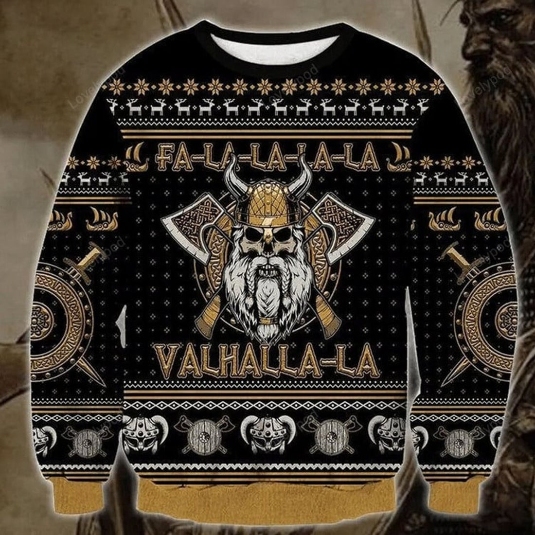 FUNSTUFFPRINT Viking Skull Falalalala Valhalla-la Ugly Christmas Sweater, Viking Shirt, Gift For Him Ugly Sweater