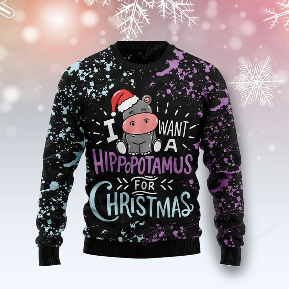 FUNSTUFFPRINT Hippo Christmas Ugly Christmas Sweater For Men & Women Adult Ugly Sweater