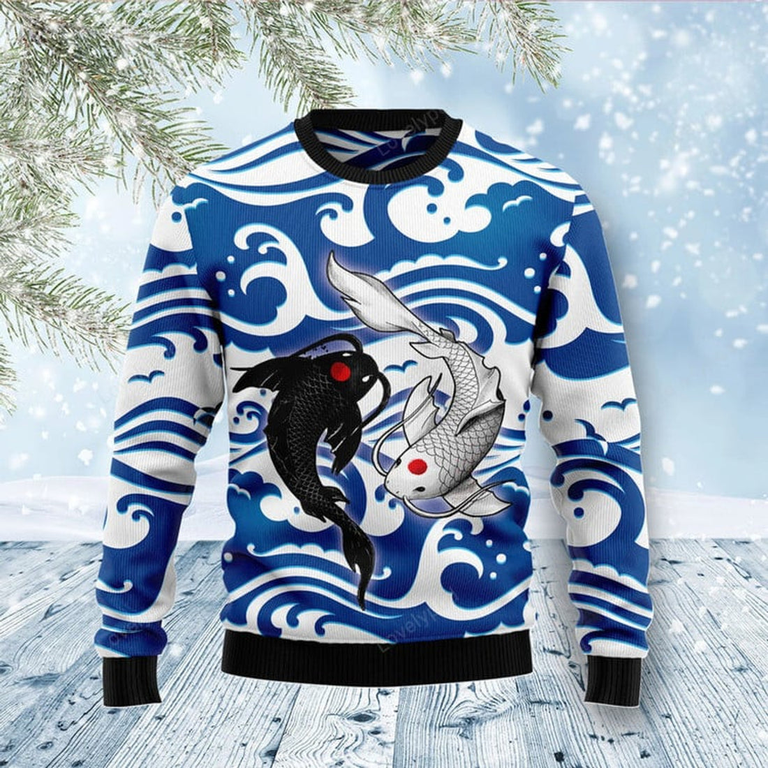 FUNSTUFFPRINT Fishing Koi Funny Ugly Christmas Sweater For Men & Women Adult - Christmas Gifts Ugly Sweater