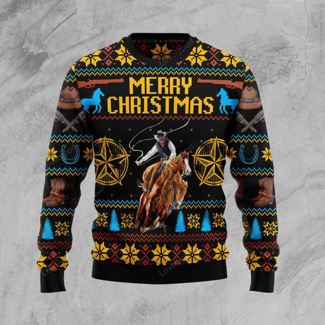 FUNSTUFFPRINT Cowboy Merry Christmas Funny Ugly Christmas Sweater For Men & Women Adult - Christmas Gifts Ugly Sweater