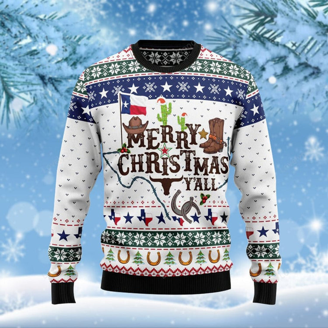 FUNSTUFFPRINT Cowboy Pattern Merry Xmas Y'all Funny Ugly Christmas Sweater For Men & Women Adult - Christmas Gifts Ugly Sweater