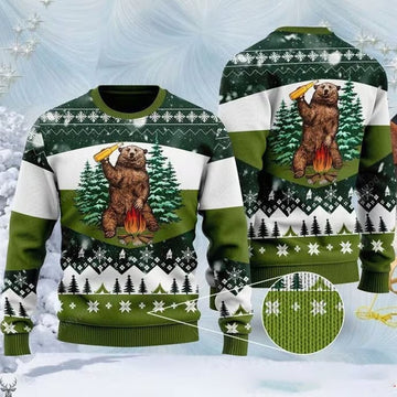 FUNSTUFFPRINT Bear Beer Campfire Green Wool Ugly 3D Sweater for men and women Ugly Sweater